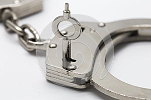 Close-up of key in handcuffs