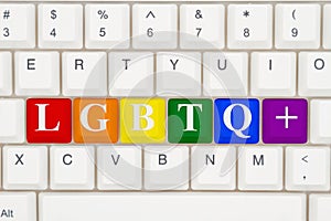 A close-up of a keyboard with highlighted text LGBTQ+