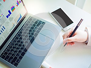 Close up keyboard of laptop and hand of asian business woman30s