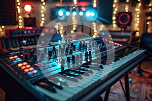 Close-up of the keys and knobs of a synthesizer with a blurred background of a recording studio