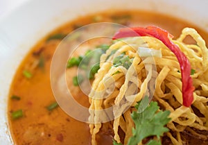 Close-up Khao Soi Recipe, Curried Noodle Soup with Chicken