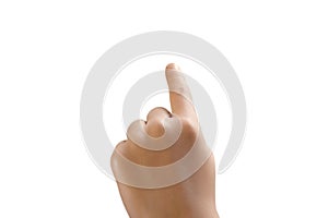 Close up of a kid& x27;s left hand touching or taping something, finger pointing up. Isolated photo with Clipping path