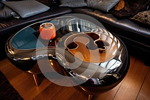 close-up of a kidney-shaped coffee table with a metallic ashtray and a vinyl record cover