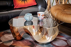 close-up of a kidney-shaped coffee table with a metallic ashtray and a vinyl record cover