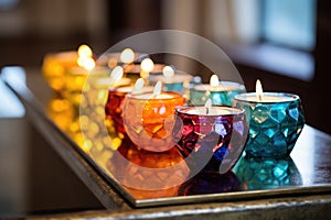 close-up of the kinara candle holder with colorful candles