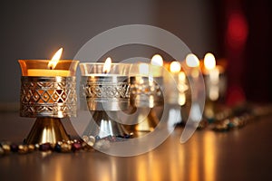 close-up of a kinara holder with candles of differing heights