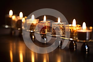 close-up of a kinara holder with candles of differing heights photo