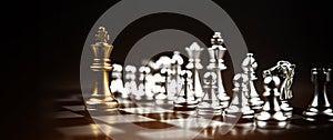 Close up king chess challenge battle fighting with other chess team on chess board concepts of leadership and strategy or strategi