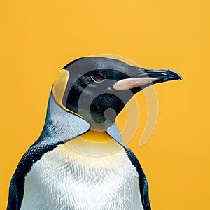 Close up of King penguin against yellow background, flightless bird in wildlife