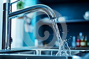 Close-up of kitchen faucet with water flowing from it