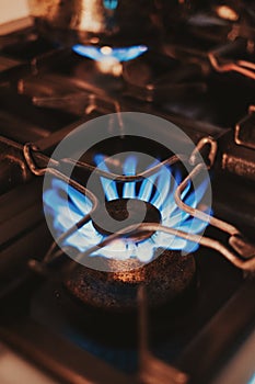 Close up of a kitchen gas stove flames