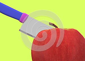 Close up of a kitchen knife slicing a red apple against a luminous green backdrop