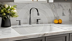 A close-up of a kitchen sink featuring grey cabinets, a white marble countertop, backsplash, and accents