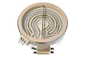 Close-up of a kitchen stove heating element spiral isolated on a white background. Repair and maintenance of home kitchen