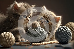 close-up of kittens playing with ball of thread, their tiny paws and claws visible