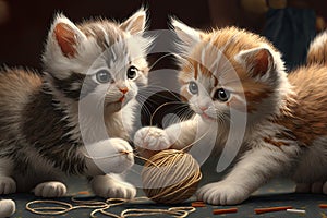 close-up of kittens playing with ball of thread, their tiny paws and claws visible