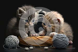 close-up of kittens playing with ball of thread, their tiny paws and claws visible