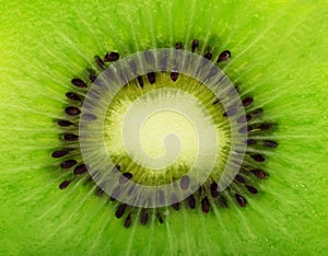 Close Up Kiwi Texture, Kiwi Fruit with macro lens. Center of Transparent Slice.