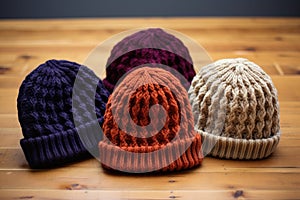 close-up of knitted beanies on a wooden surface