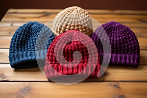 close-up of knitted beanies on a wooden surface