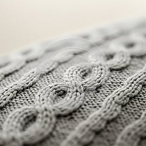 Close-up of a knitted fabric with a cable knit pattern, featuring interlocking loops and