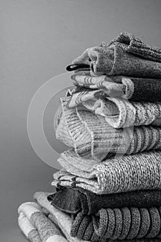 Close-up of knitted grey wool textured cloth