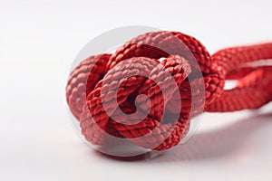 Close-up knot of red synthetic rope on white background