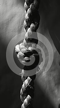 Close-up of a knotted rope in black and white