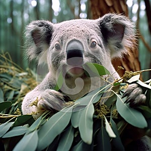 Close-up of a koala bear sitting in a tree, happily munching on a eucalyptus leaf, ai-generated