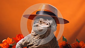 Close-up Komodo Dragon In Cowboy Hat Neoclassicism Style