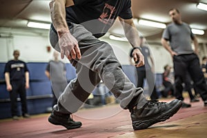 close-up of krav maga footwork during a practice session