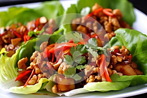 Close-up of Kung Pao chicken lettuce wraps with a savory hoisin sauce, fresh cilantro, and crispy wonton strips