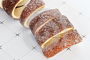 Close up of \'Kurtoskalacs\', a spit cake with sugar from Hungary and Romania made from yeast dough strips