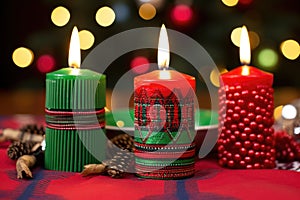close-up of kwanzaa candles on a homemade holder