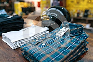 Close up of label with price and size over a blue plaid shirt on industrial style store