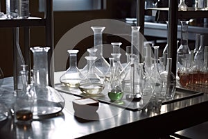 close-up of laboratory equipment, with test tubes and beakers visible