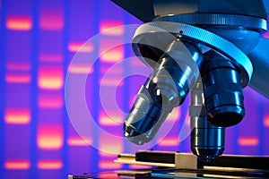 Close up of laboratory microscope photo