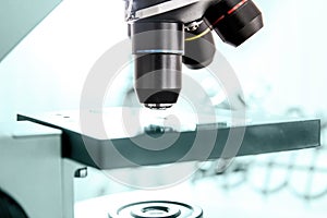 Close up of laboratory microscope lens