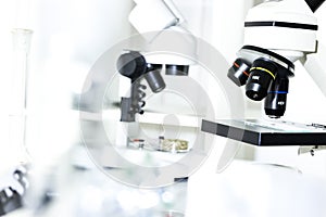 Close up of laboratory microscope lens