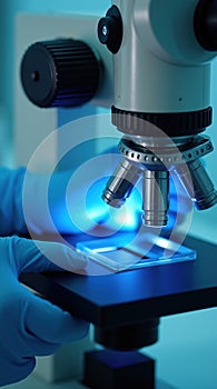 Close-Up of Laboratory Microscope with Scientist's Hands Adjusting Slide