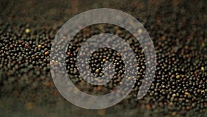 Close-up laborer mixes rapeseed while roasting