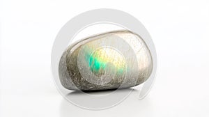 Close-up of a Labradorite Stone with Iridescent Reflection on White Background