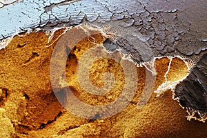 Close up of lack old leather seat .Abstract background of torn old leather sofa