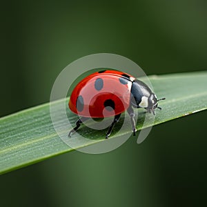 A close-up of a ladybug, Coccinellidae, with a shiny red shell adorned with distinct black photo