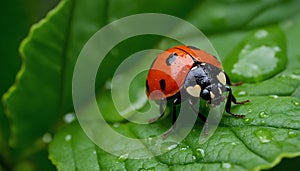 Close-up of a ladybug on a dewy green leaf in a natural setting