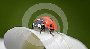 Close-up of a ladybug on a white petal with a blurred green background