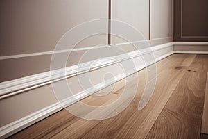 Close up of laminate flooring in a room with white wall and baseboard, strips, molding.
