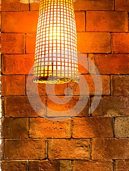 Close up of lamps made of bamboo, lamp made of bamboo is shining at night, D.I.Y to old vintage ceiling light from Thailand