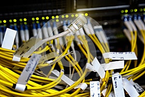 Close up LAN network switch and ethernet cables connect to supercomputer