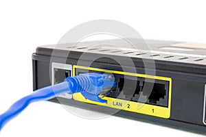 Close up LAN UTP RJ45 Cat5e connect to ADSL Router